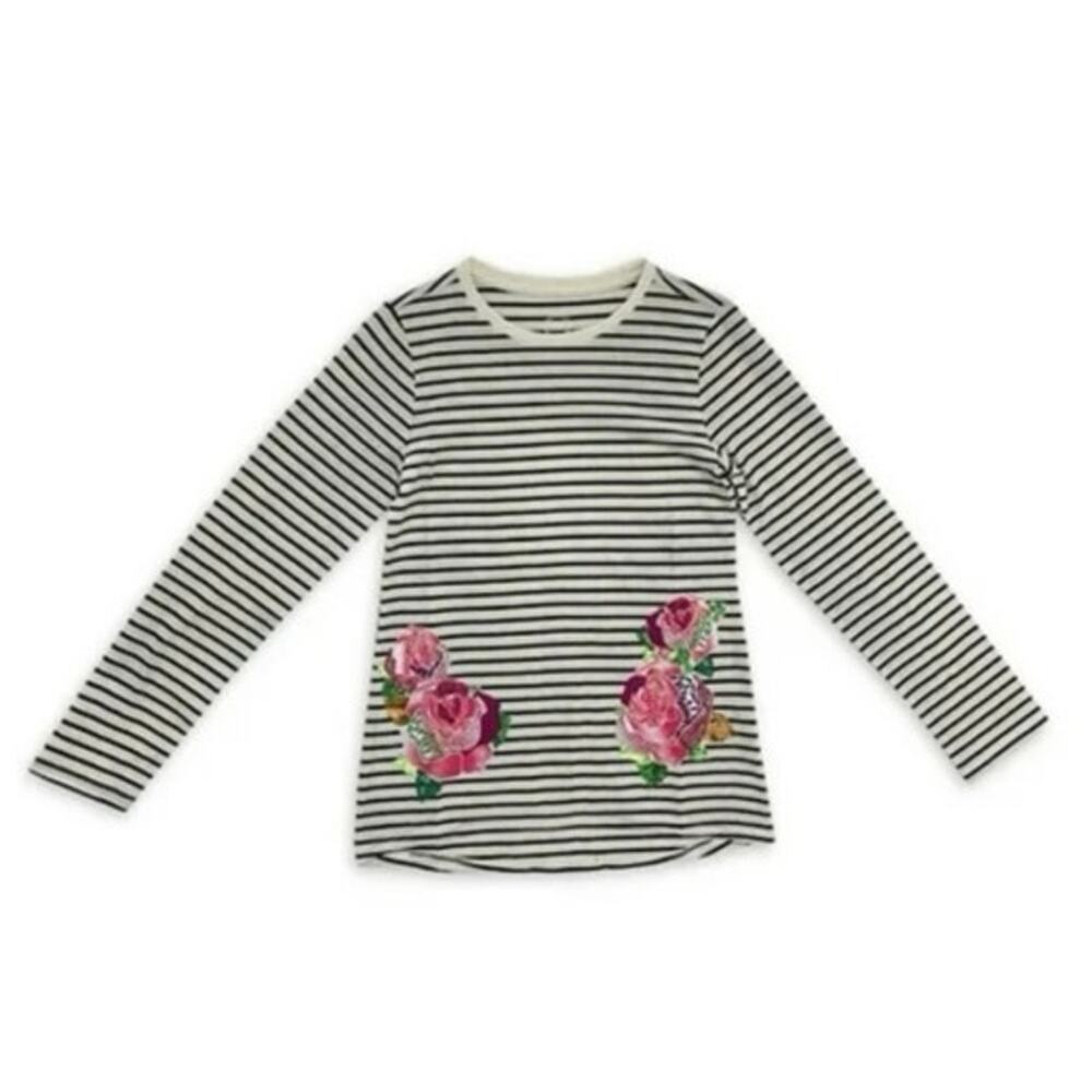 Wonder Nation Black Striped Sequin Rose Long Sleeve Tee